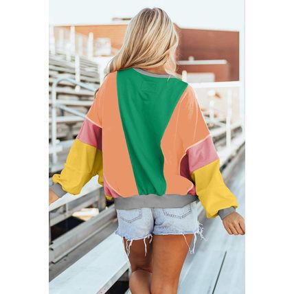Dark Green Colorblock Patchwork Exposed Stitching Oversize Top