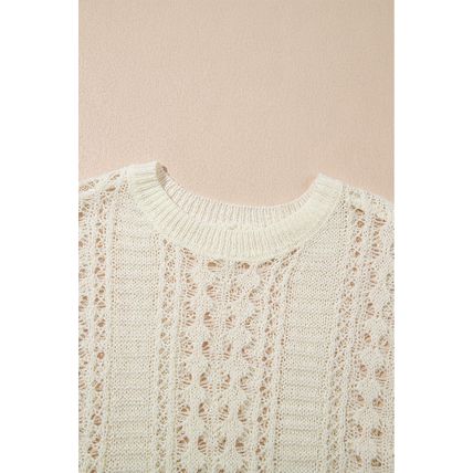 White Hollow Out Knit Bracelet Sleeve Drop Shoulder Sweater