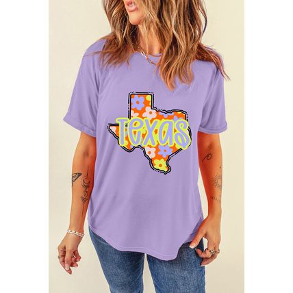 Wisteria TEXAS Flower Print Crew Neck T Shirt