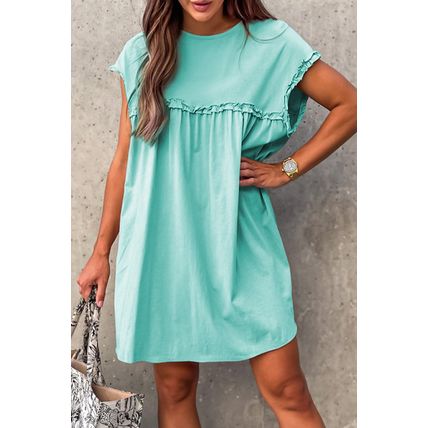 Mint Green Frilled Trim Crew Neck Loose Fit Mini Dress