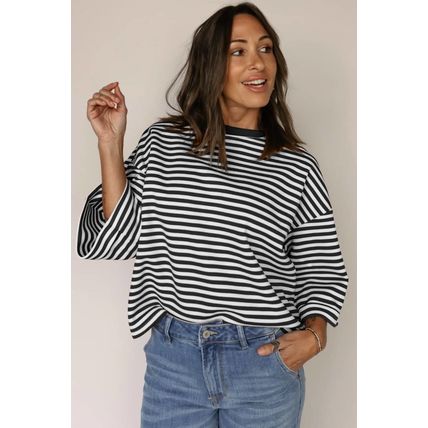 Black Stripe Bowknot Cutout Back Drop Shoulder Wide Bracelet Sleeve Loose Tee