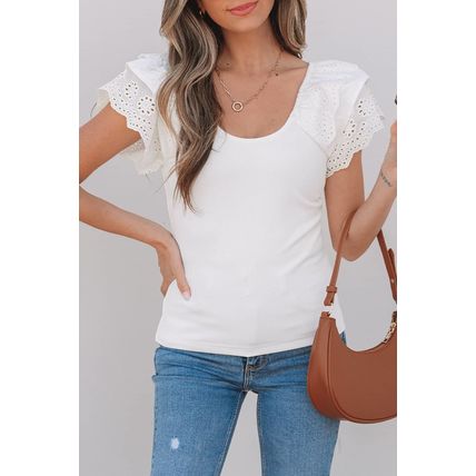 White Eyelet Ruffle Sleeve Slim Fitted Top