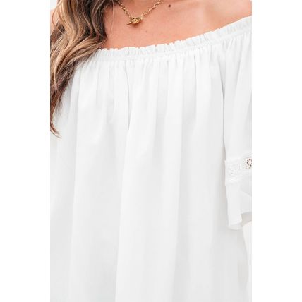 White Frilly Off Shoulder Lace Insert Sleeve Textured Blouse
