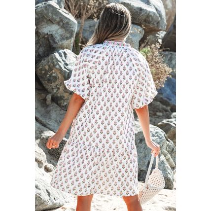Pink Floral Print Bubble Sleeve Neck Tie Ruffled Dress