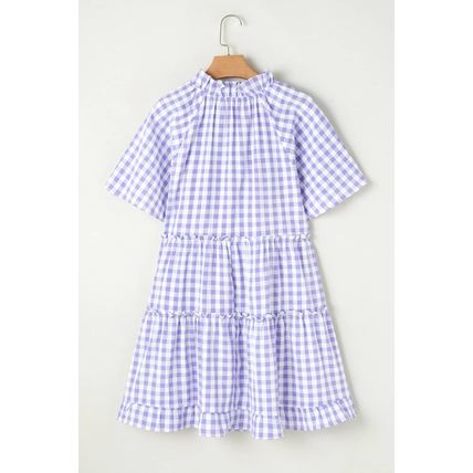 Lavendula Plaid Ruffle Wide Short Sleeve Babydoll Mini Dress