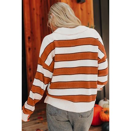 Brown Stripe Ribbed Polo Collar Drop Shoulder Sweater