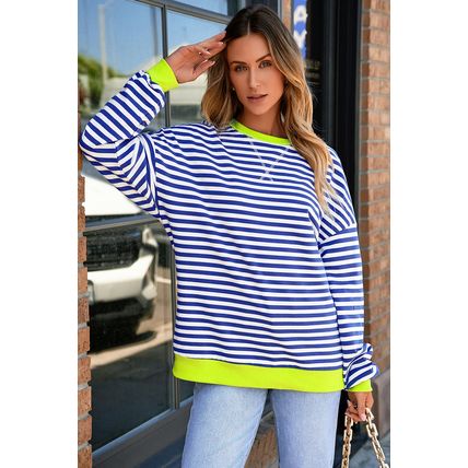 Sky Blue Stripe Striped Contrast Ribbed Trim Drop Shoulder Baggy Sweatshirt
