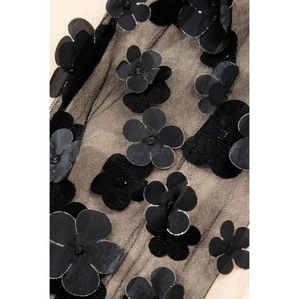 Black Flower Applique Mesh Long Sleeve V Neck Blouse