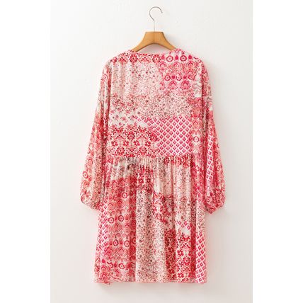 Pink Bohemian Floral Print Tassel Tie Long Sleeve Flowy Mini Dress