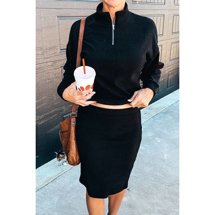 Black Ribbed Zip Stand Neck Drop Shoulder Pullover Bodycon Skirt 2pcs Set
