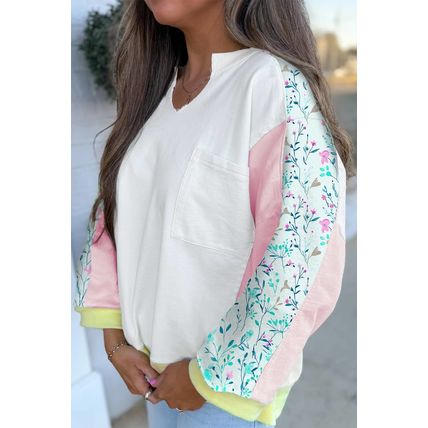 White Floral Colorblock Patchwork Chest Pocket Notched Neck Long Sleeve Top