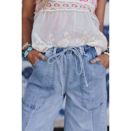 Beau Blue Drawstring Seam Detail Raw Hem Wide Leg Denim Pants