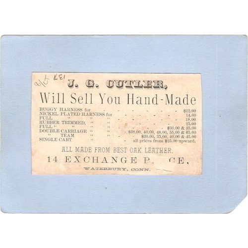 CT Waterbury Victorian Trade Card J. G. Cutler, 14 Exchange Place~138