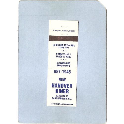 New Jersey East Hanover Matchcover New Hanover Diner 44 Route 10~3467