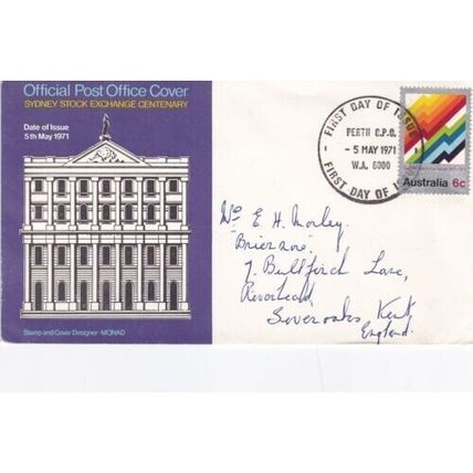 Australia 1971 Sydney Stock Exchange Centenary FDC Perth cancel written VGC