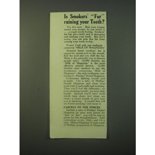 1940 Phillips' Milk of Magnesia Ad - Is Smokers' Fur ruining your Teeth?