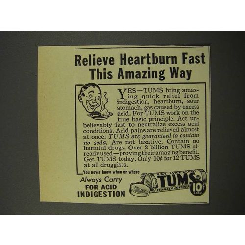 1940 Tums Medicine Ad - Relieve Heartburn Fast