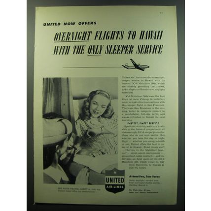 1949 United Air Lines Ad - United now offers overnight flights to Hawaii
