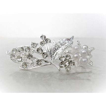 Silver or gold flower and leaf pearl crystal hair pin clip barrette