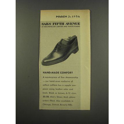 1956 Saks Fifth Avenue Shoes Ad - Hand-Made Comfort