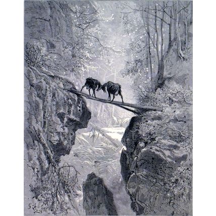 TWO GOATS 1885 Gustave Doré - Jean de La Fontaine - Ad Ligny ANTIQUE ENGRAVING