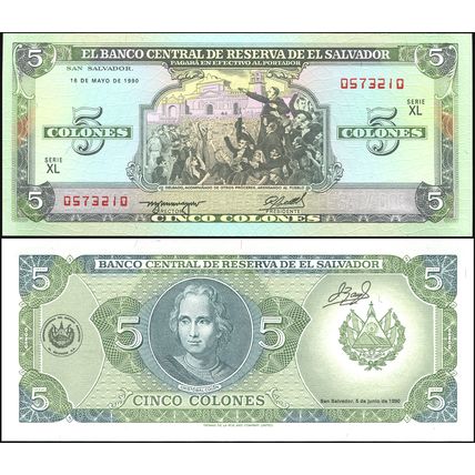 El Salvador. Banknote 5 colones. 1990. Unc. Paper. Cat# P.138a