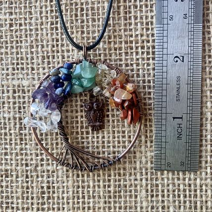 7 Chakra Stone Crystal Tree of Life Wire Wrapped Pendant Necklace w Copper Owl