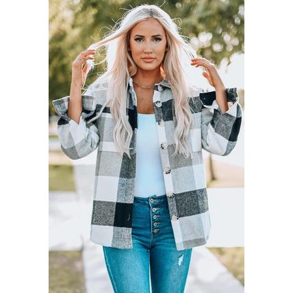 Gray Plaid Color Block Buttoned Long Sleeve Jacket with Pocket