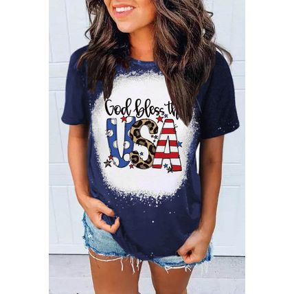 Blue God Bless the USA Print Bleach Short Sleeve T-Shirt