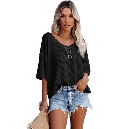 Black White Waffle Knit Drop Shoulder Loose Top