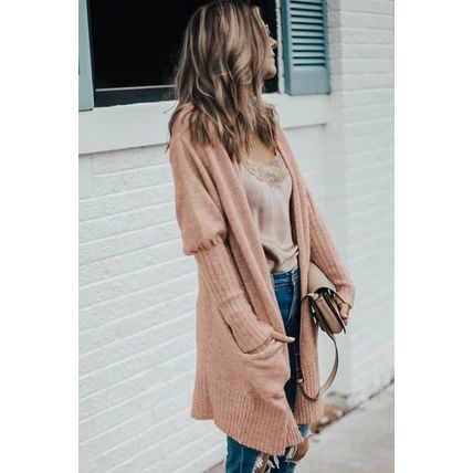 Smoke Gray Ribbed Trim Puff Sleeve Open Cardigan