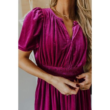 Red Dahlia Velvet Short Sleeve Shirred Waist Tiered Maxi Dress
