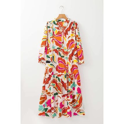 Orange Floral Print Split V Neck Tiered Maxi Dress