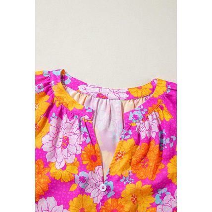 Rose Floral Print Flounce Sleeve Notched Neck Blouse
