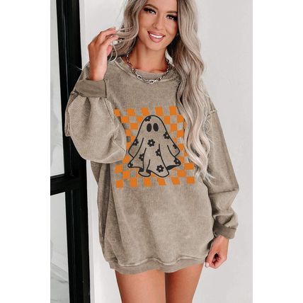 Khaki Checkerboard Floral Ghost Graphic Corded Halloween Sweatshirt