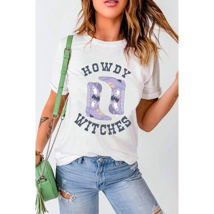 White HOWDY WITCHES Halloween Boots Crewneck T Shirt