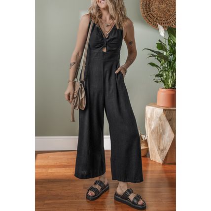 Black Front Cut Out Smocked Back Sleeveless Wide Leg Jumpsuit