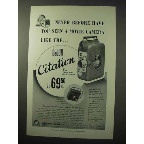 1950 DeJur Citation Movie Camera Ad - Never Before