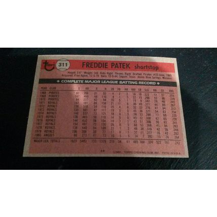 1981 Topps Card # 311 Freddie Patek Excellent (5) California Angels