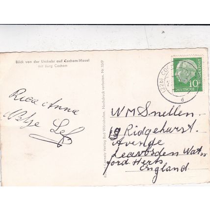 Cochem Mosel Germany Real Photograph Postcard posted 1958 crease
