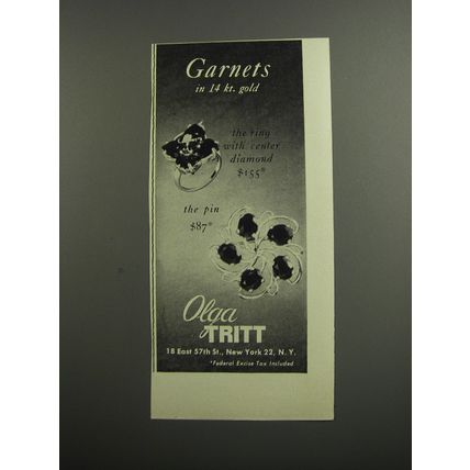 1953 Olga Tritt Jewelry Advertisement - Garnets in 14 kt. gold