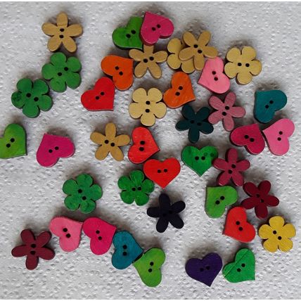 New. Assorted hearts & flowers wood buttons for cardmaking, scrapbooking, sewing