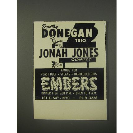 1956 Embers Restaurant Ad - Dorothy Donegan Trio Jonah Jones Quartet
