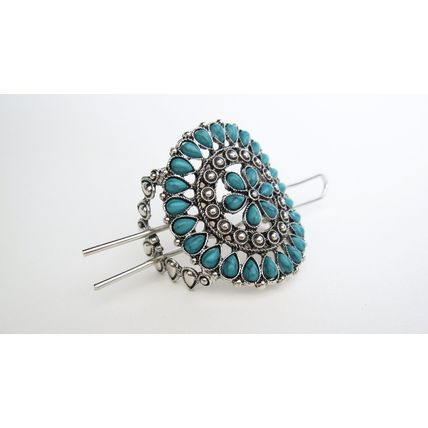 Turquoise blue and silver metal tribal hair slide clip barrette