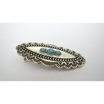 Small oval turquoise blue and silver metal hair clip barrette fine thin hair