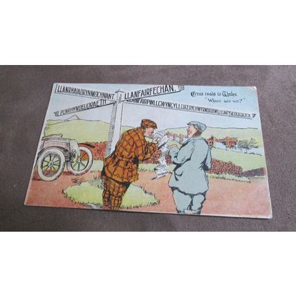1908 Everton series Wales / Welsh Humour Postcard - Car @ Welsh Cross Roads