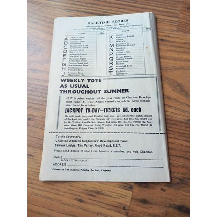 1963/64 Charlton vs Leeds Utd - Division 2, 25/4/1964 ** FREE P&P **
