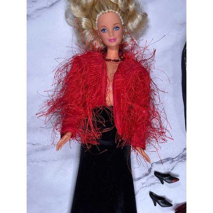 Red and Black Blonde Barbie Doll glitter Shoes Dress Scarf Wrap Shawl furry coat