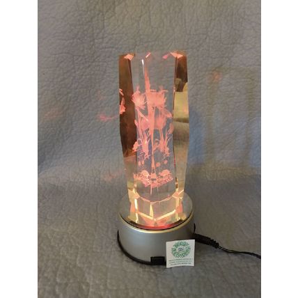 6" TALL CRYSTAL PILLAR LASER ETCHED DESIGN + LED AURORA LIGHTING EFFECT STAND