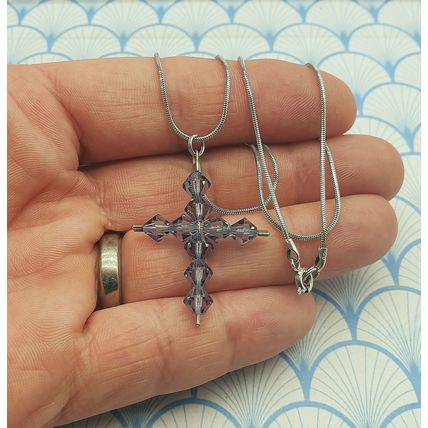 Vintage 925 Sterling Silver and Purple Crystal Glass Bead Cross Pendant Necklace